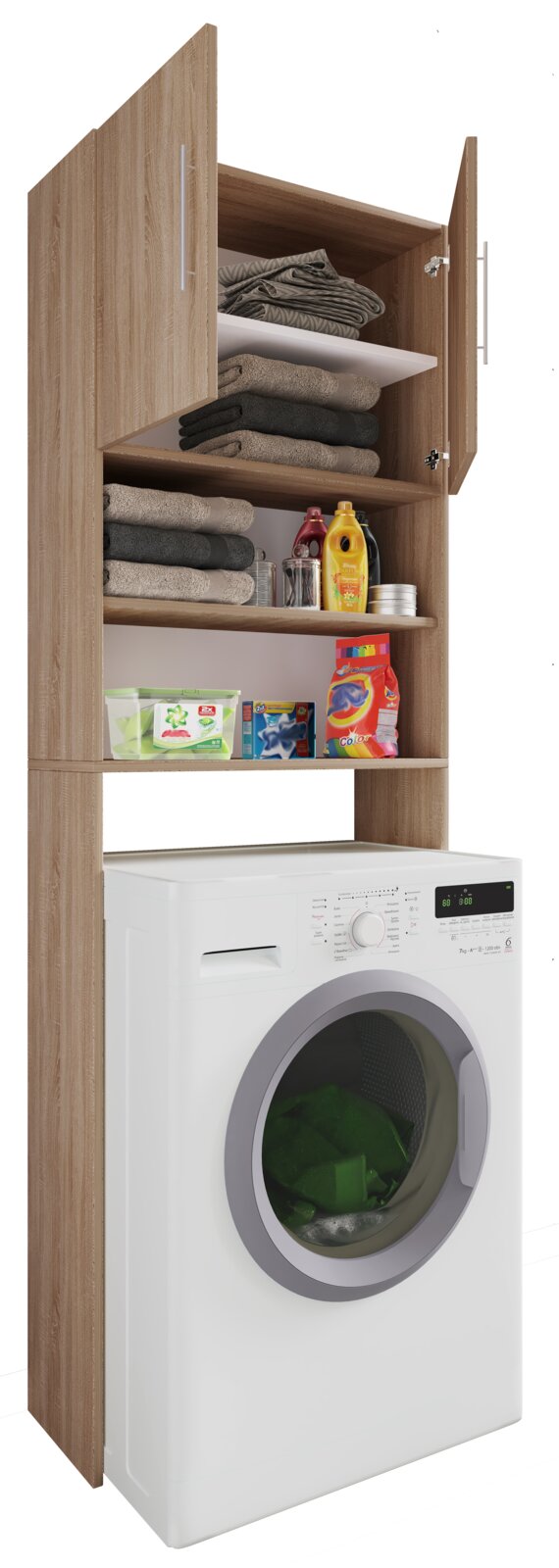 Waschmaschinen-Überbauschrank in Eiche-Optik mit offenen Regalböden und zwei geöffneten Türen, bestückt mit Handtüchern und Waschmitteln, über einer weißen Frontlader-Waschmaschine; Ansicht schräg von vorn