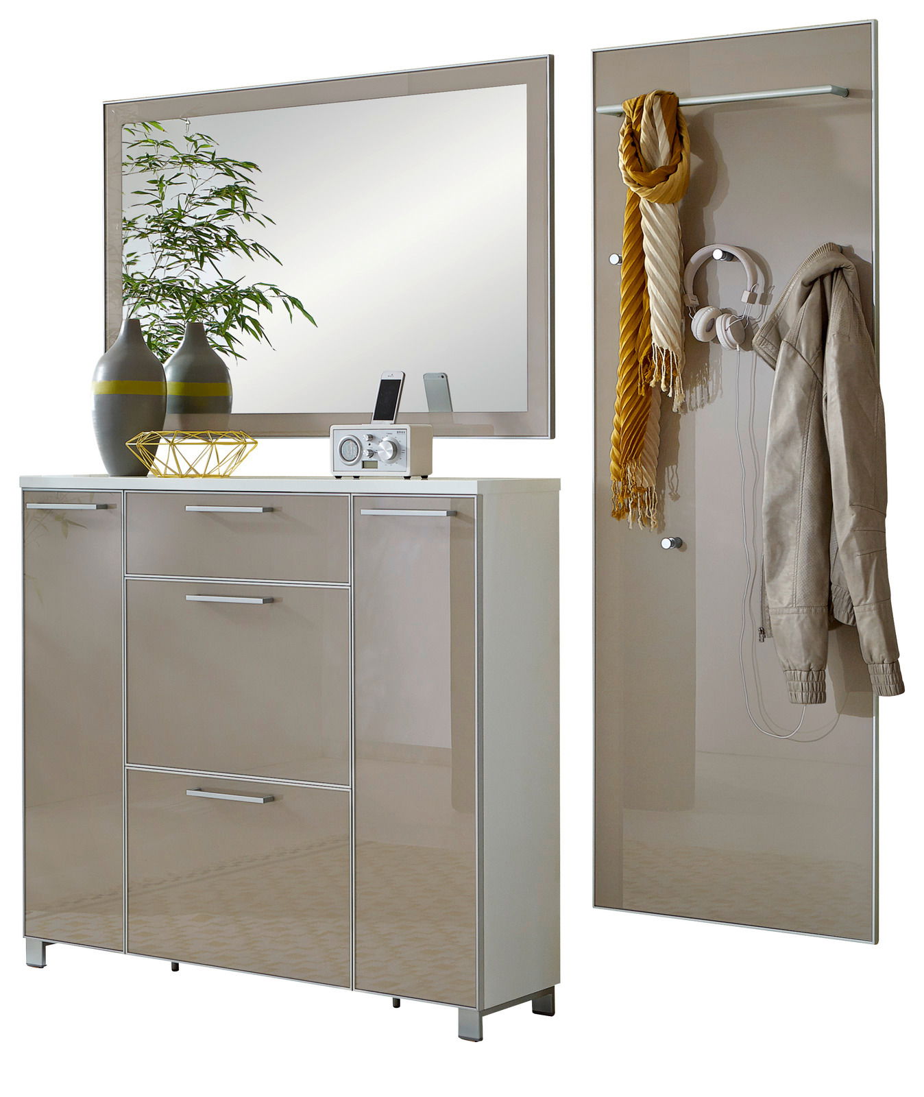 Garderoben-Set 3-tlg. mit Spiegel, Schrank und Wandpaneel, seitliche Perspektive