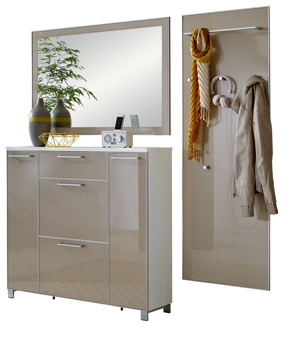 Garderoben-Set 3-tlg. mit Spiegel, Schrank und Wandpaneel, seitliche Perspektive