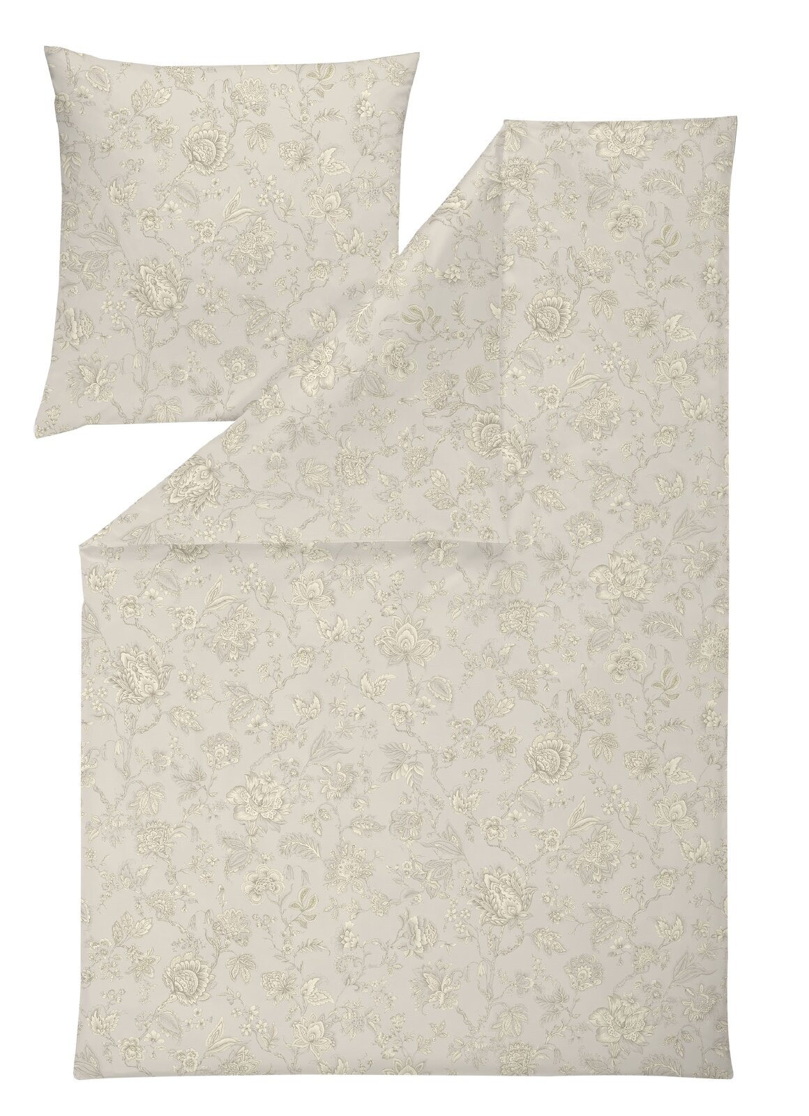 Bettwäsche-Set in Creme mit filigranem floralem Allover-Muster, bestehend aus Bettdeckenbezug und Kissenbezug, aus frontaler Perspektive