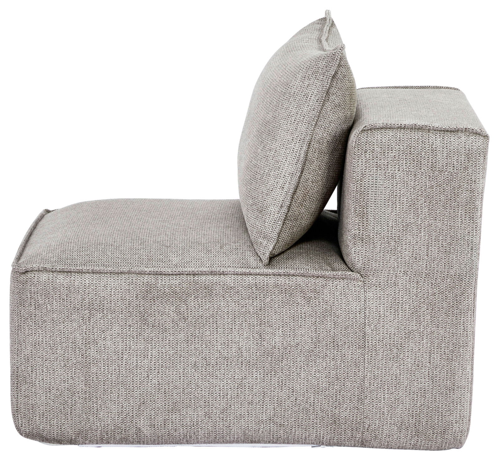 Seitenansicht eines grauen Zwischensessels ohne Armlehnen mit rechteckigem Sitz- und Rückenkissen.