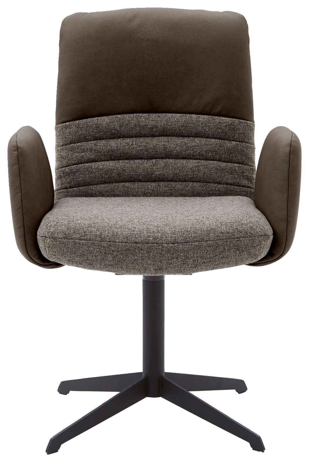 Vooraanzicht van een moderne fauteuil met gestoffeerde zitting en rugleuning in grijs en bruin, op een zwart draaipootonderstel.