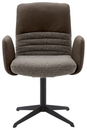 Vooraanzicht van een moderne fauteuil met gestoffeerde zitting en rugleuning in grijs en bruin, op een zwart draaipootonderstel.