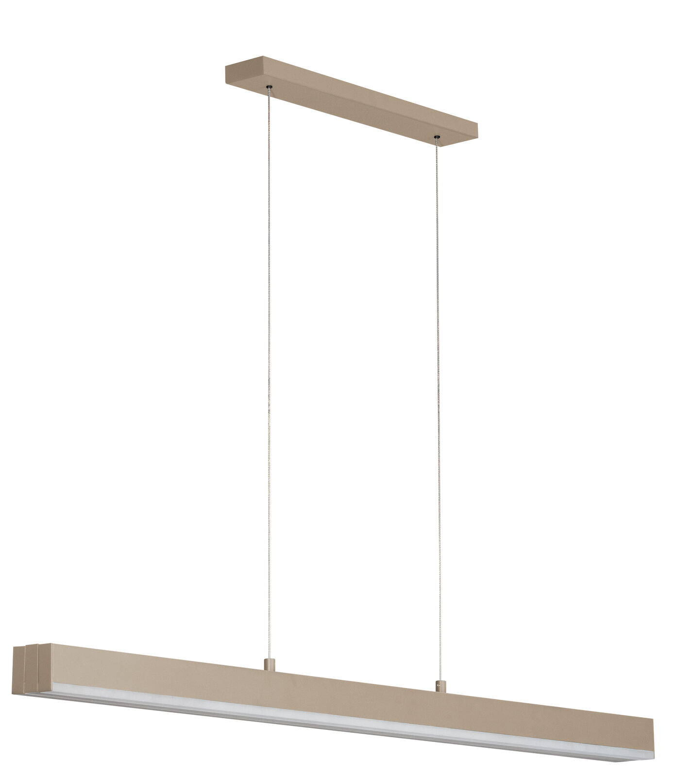 Moderne, längliche LED-Pendelleuchte in Beige/Champagner mit zwei Drahtseil-Aufhängungen und opalem Diffusor, freigestellt vor weißem Hintergrund, Perspektive: leicht von unten schräg von vorn