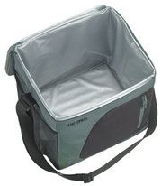 Geöffnete Thermos-Kühltasche in Grau und Grün mit silberfarbener Isolierauskleidung, Reißverschlussfächern und verstellbarem Schultergurt, aus schräger Draufsicht