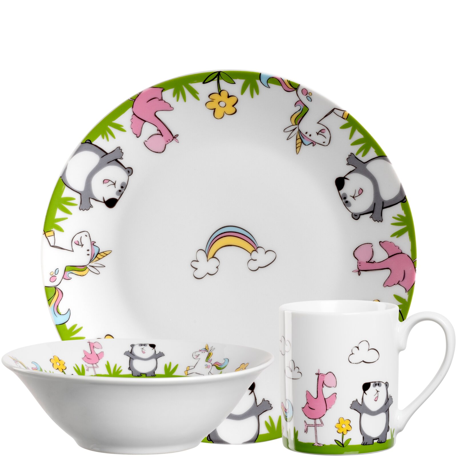 Kindergeschirr-Set mit bunten Tiermotiven, bestehend aus einem Teller, einer Schale und einer Tasse, aus der Vorderansicht fotografiert.