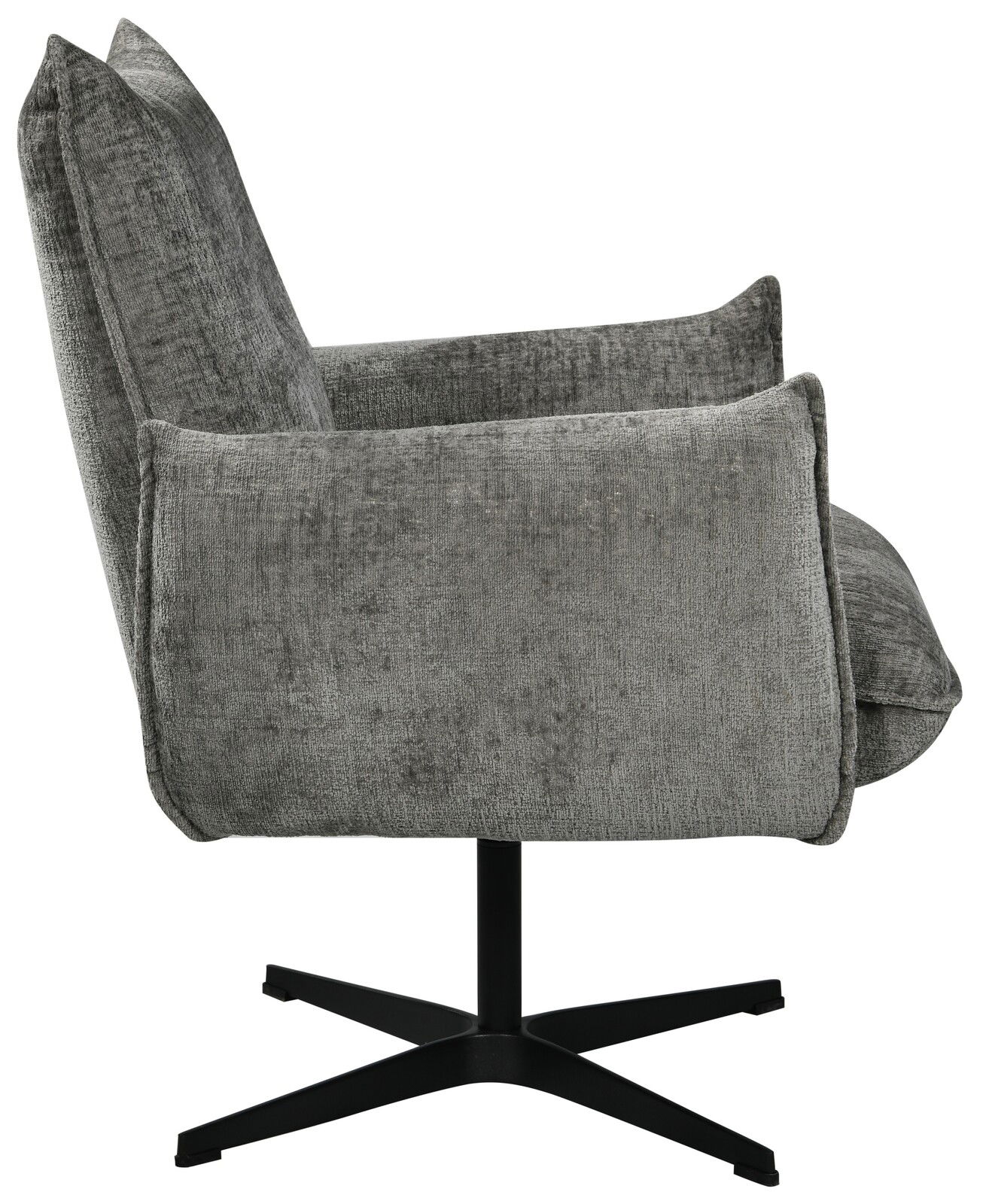 Grauer Relaxsessel aus seitlicher Perspektive mit schwarzem Drehfuß