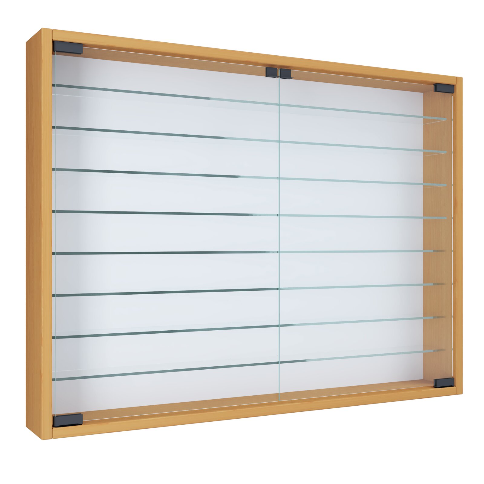 Holz-Vitrine mit Glasschiebetüren und mehreren Glasböden, freistehender Schaukasten in Frontansicht mit leichter Schrägperspektive