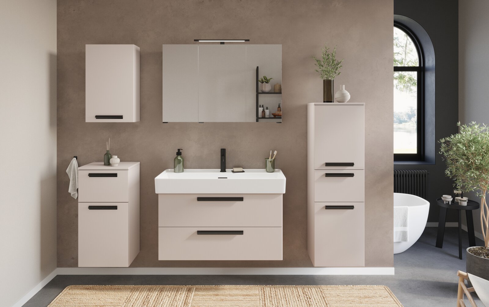 Moderner Badezimmer-Hängeschrank in einer stilvollen Einrichtung, frontal betrachtet.