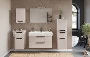 Moderner Badezimmer-Hängeschrank in einer stilvollen Einrichtung, frontal betrachtet.