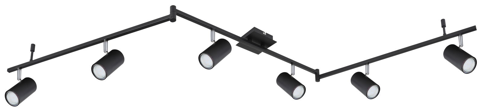 Moderner schwarzer Strahler mit fünf verstellbaren Leuchten, seitliche Perspektive