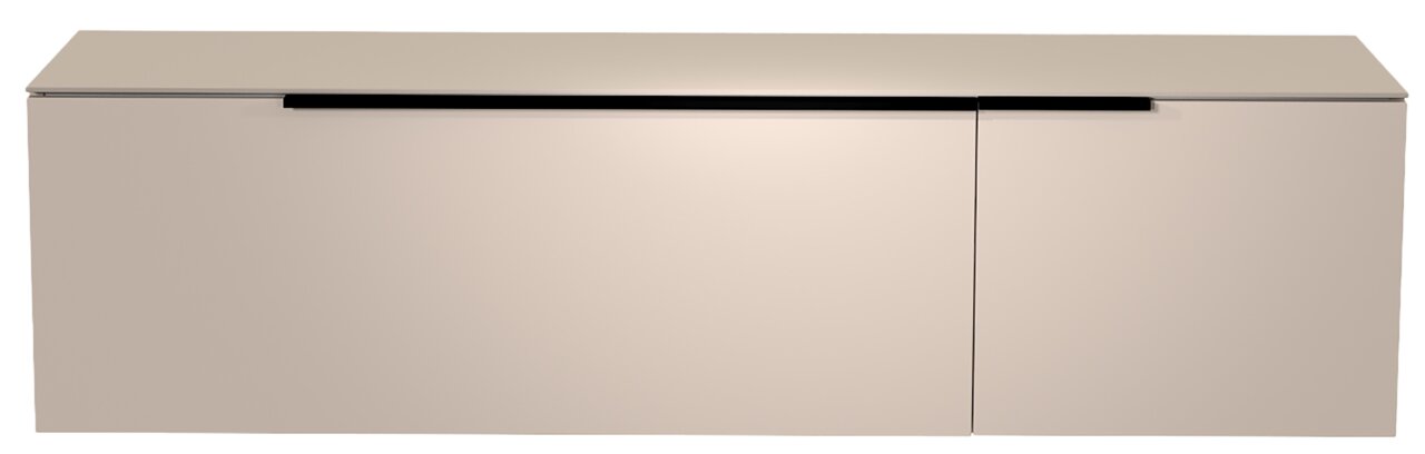 Frontansicht eines modernen, hängenden Lowboards in Beige mit glatter Oberfläche und schwarzem Griff.