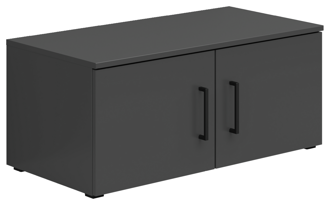 Schwarzer Aufsatzschrank mit zwei Türen und schwarzen Griffen, seitliche Perspektive