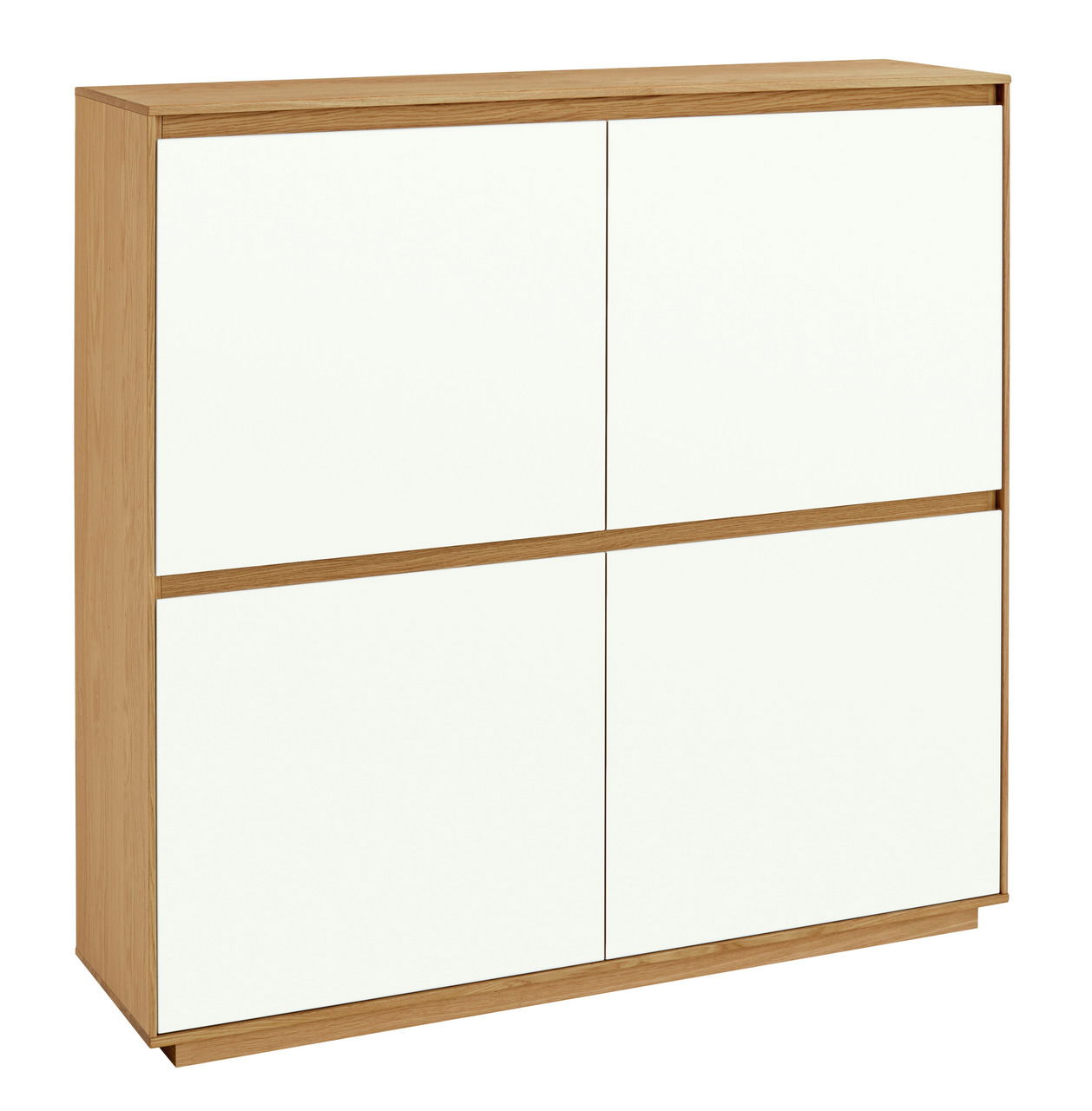 Schuhkommode aus der VOSS Serie V100 in Holzoptik mit weißen Fronten, seitliche Perspektive