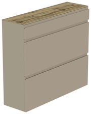 Moderner Hängeschuhschrank mit drei Schubladen in Beige und einer Holzoberfläche, seitliche Perspektive