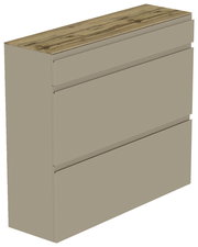 Moderner Hängeschuhschrank mit drei Schubladen in Beige und einer Holzoberfläche, seitliche Perspektive