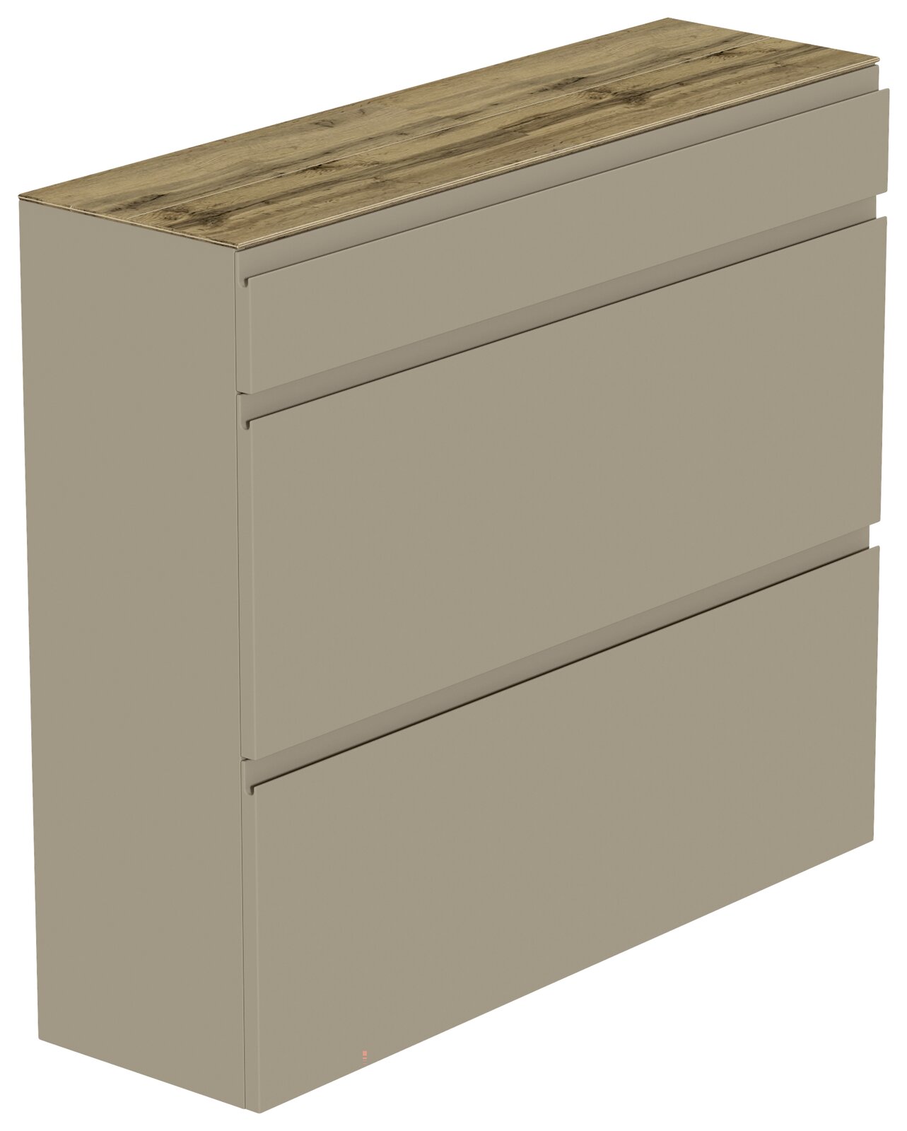 Moderner Hängeschuhschrank mit drei Schubladen in Beige und einer Holzoberfläche, seitliche Perspektive