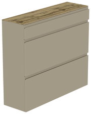 Moderner Hängeschuhschrank mit drei Schubladen in Beige und einer Holzoberfläche, seitliche Perspektive