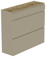 Moderner Hängeschuhschrank mit drei Schubladen in Beige und einer Holzoberfläche, seitliche Perspektive