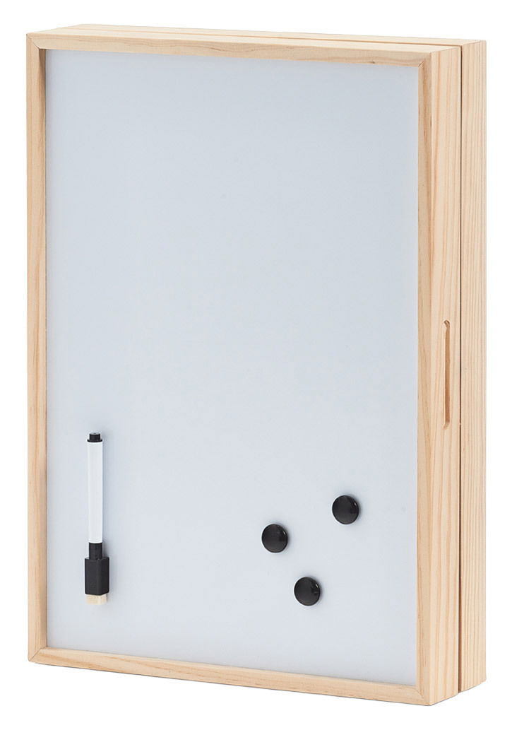Schlüssel- und Memo-Box mit Whiteboard, aus hellem Holz, frontal abgebildet. Enthält einen Stift und drei schwarze Magnete.