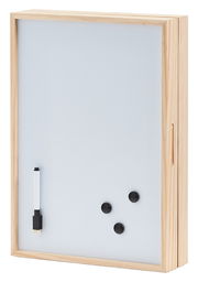 Schlüssel- und Memo-Box mit Whiteboard, aus hellem Holz, frontal abgebildet. Enthält einen Stift und drei schwarze Magnete.