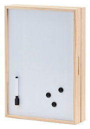 Schlüssel- und Memo-Box mit Whiteboard, aus hellem Holz, frontal abgebildet. Enthält einen Stift und drei schwarze Magnete.