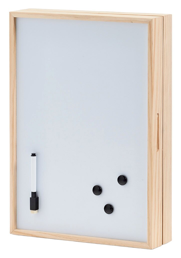 Schlüssel- und Memo-Box mit Whiteboard, aus hellem Holz, frontal abgebildet. Enthält einen Stift und drei schwarze Magnete.