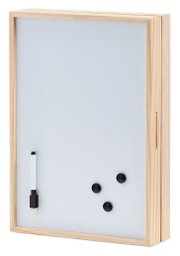 Schlüssel- und Memo-Box mit Whiteboard, aus hellem Holz, frontal abgebildet. Enthält einen Stift und drei schwarze Magnete.