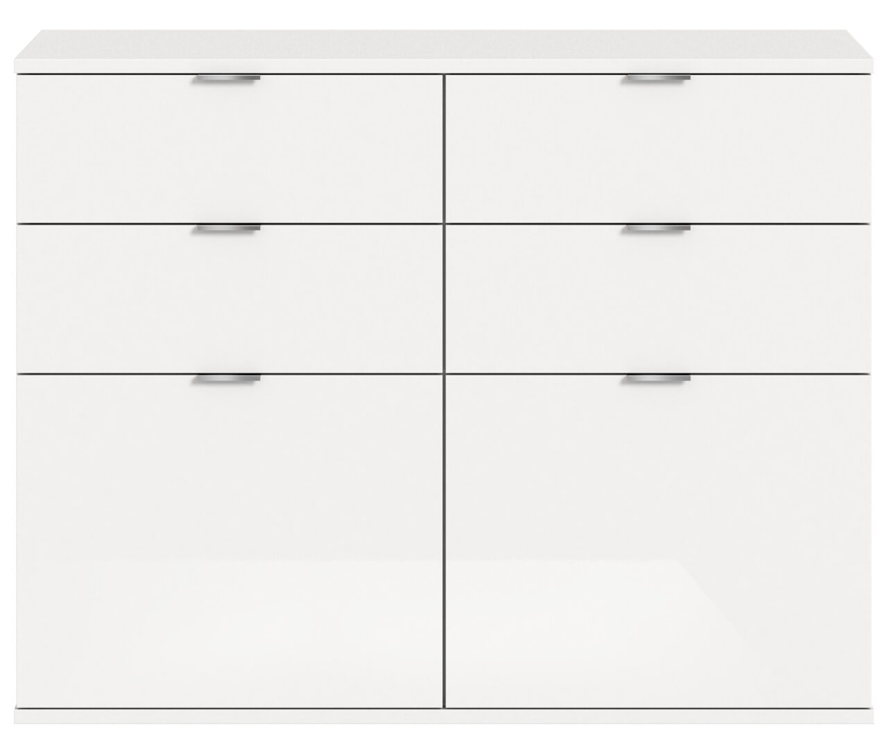 Weiße Kommode mit sechs Schubladen, frontale Ansicht