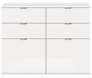 Weiße Kommode mit sechs Schubladen, frontale Ansicht