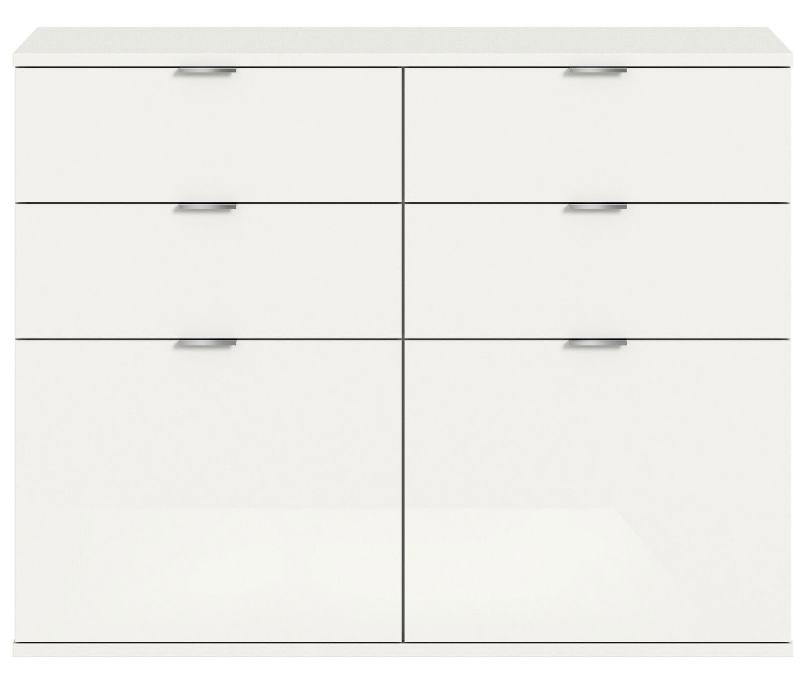 Weiße Kommode mit sechs Schubladen, frontale Ansicht