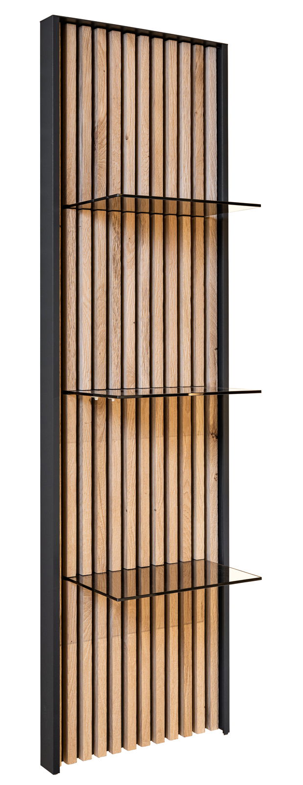 Johann Jakob Wandpaneel LUCIANO Wandpaneel mit vertikalen Holzlatten und drei Glasregalen, seitliche Perspektive
