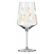 Wijnglas met tropisch patroon van papegaaien en bloemen, zijaanzicht