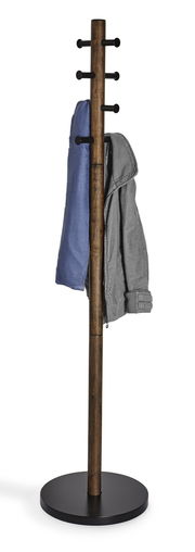 Moderner Garderobenständer aus Holz mit schwarzem Sockel, frontal abgebildet, mit zwei aufgehängten Kleidungsstücken.