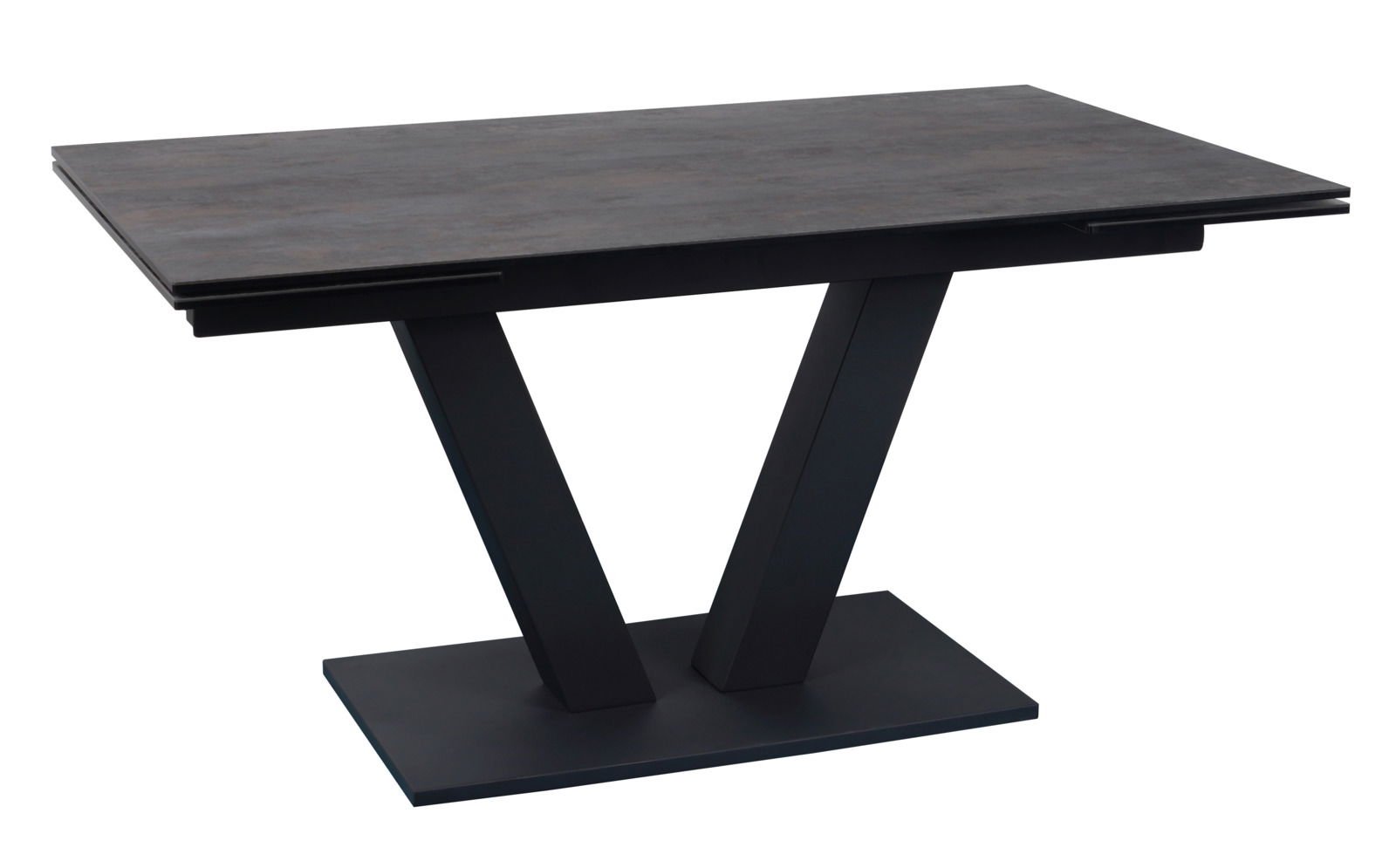 Moderner Esstisch mit rechteckiger Tischplatte und V-förmigem Gestell, seitliche Perspektive