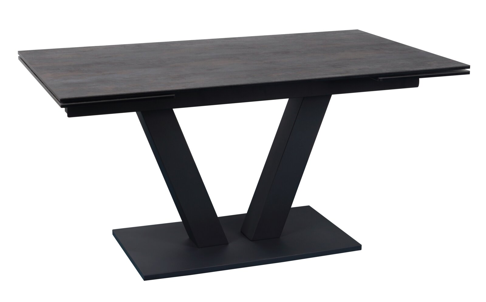 Moderner Esstisch mit rechteckiger Tischplatte und V-förmigem Gestell, seitliche Perspektive