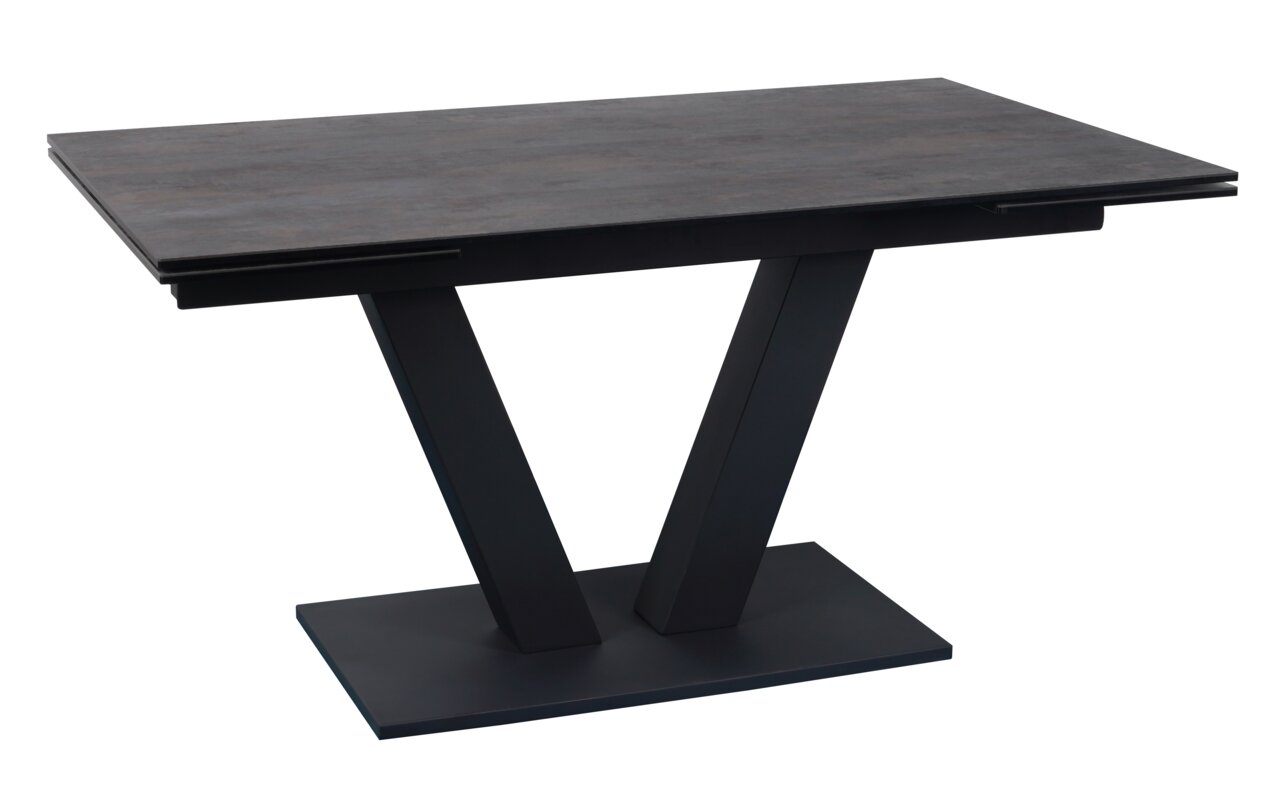 Moderner Esstisch mit rechteckiger Tischplatte und V-förmigem Gestell, seitliche Perspektive