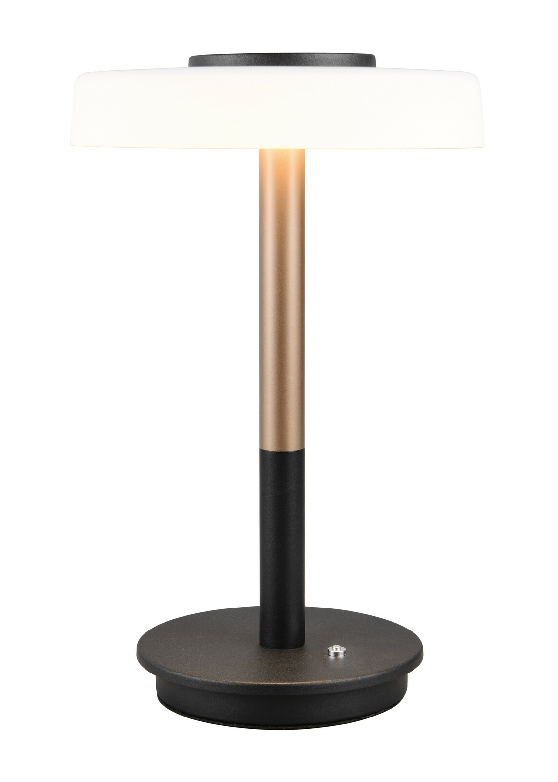 Moderne Tischleuchte mit schwarzem Sockel, bronzefarbenem Stiel und weißem Lampenschirm, seitliche Perspektive