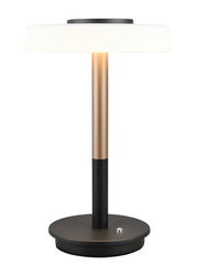 Moderne Tischleuchte mit schwarzem Sockel, bronzefarbenem Stiel und weißem Lampenschirm, seitliche Perspektive
