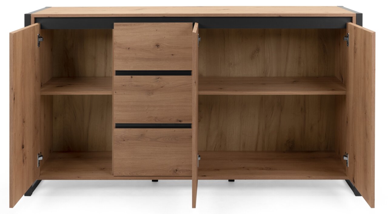 Frontale Ansicht eines modernen Sideboards aus Holz mit offenen Türen und Schubladen, die viel Stauraum bieten.