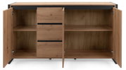 Frontale Ansicht eines modernen Sideboards aus Holz mit offenen Türen und Schubladen, die viel Stauraum bieten.