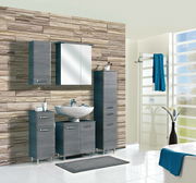 Moderner Badezimmer-Unterschrank in grauer Holzoptik, frontal abgebildet, Teil eines stilvollen Badmöbel-Sets.