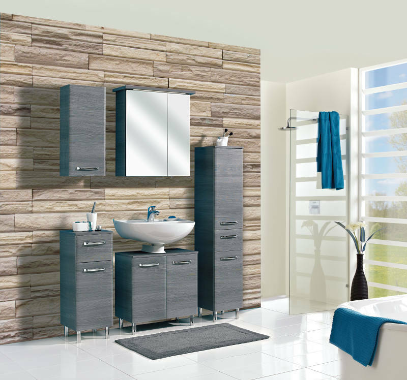 Moderner Badezimmer-Unterschrank in grauer Holzoptik, frontal abgebildet, Teil eines stilvollen Badmöbel-Sets.