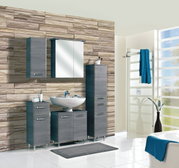 Moderner Badezimmer-Unterschrank in grauer Holzoptik, frontal abgebildet, Teil eines stilvollen Badmöbel-Sets.
