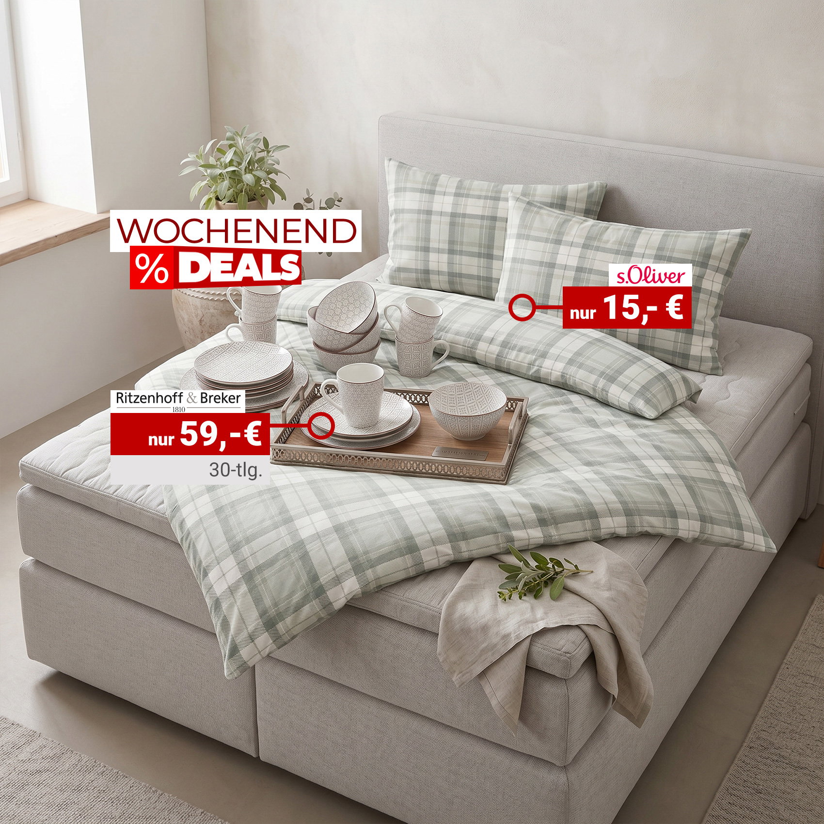 Wochenend-Deals: Karierte s.Oliver-Bettwäsche für 15 € und 30-teiliges Ritzenhoff & Breker Geschirr für 59 €.