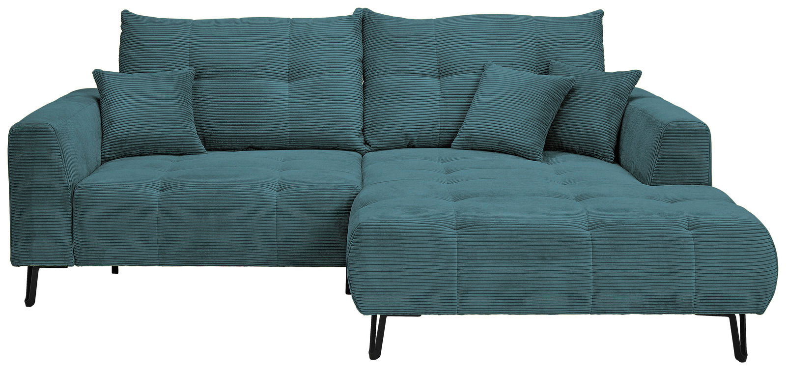 Grünes Ecksofa mit Ottomane rechts, aus gerippter Stoffstruktur, Vorderansicht
