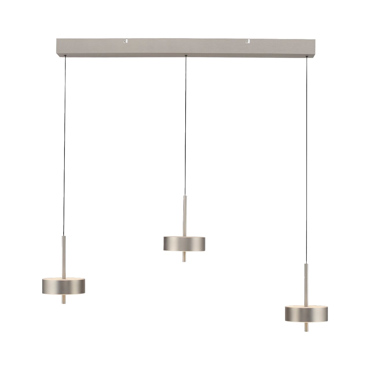Moderne Pendelleuchte Q-ROTATE mit drei zylindrischen Lampenschirmen in silberner Optik, von vorne betrachtet.