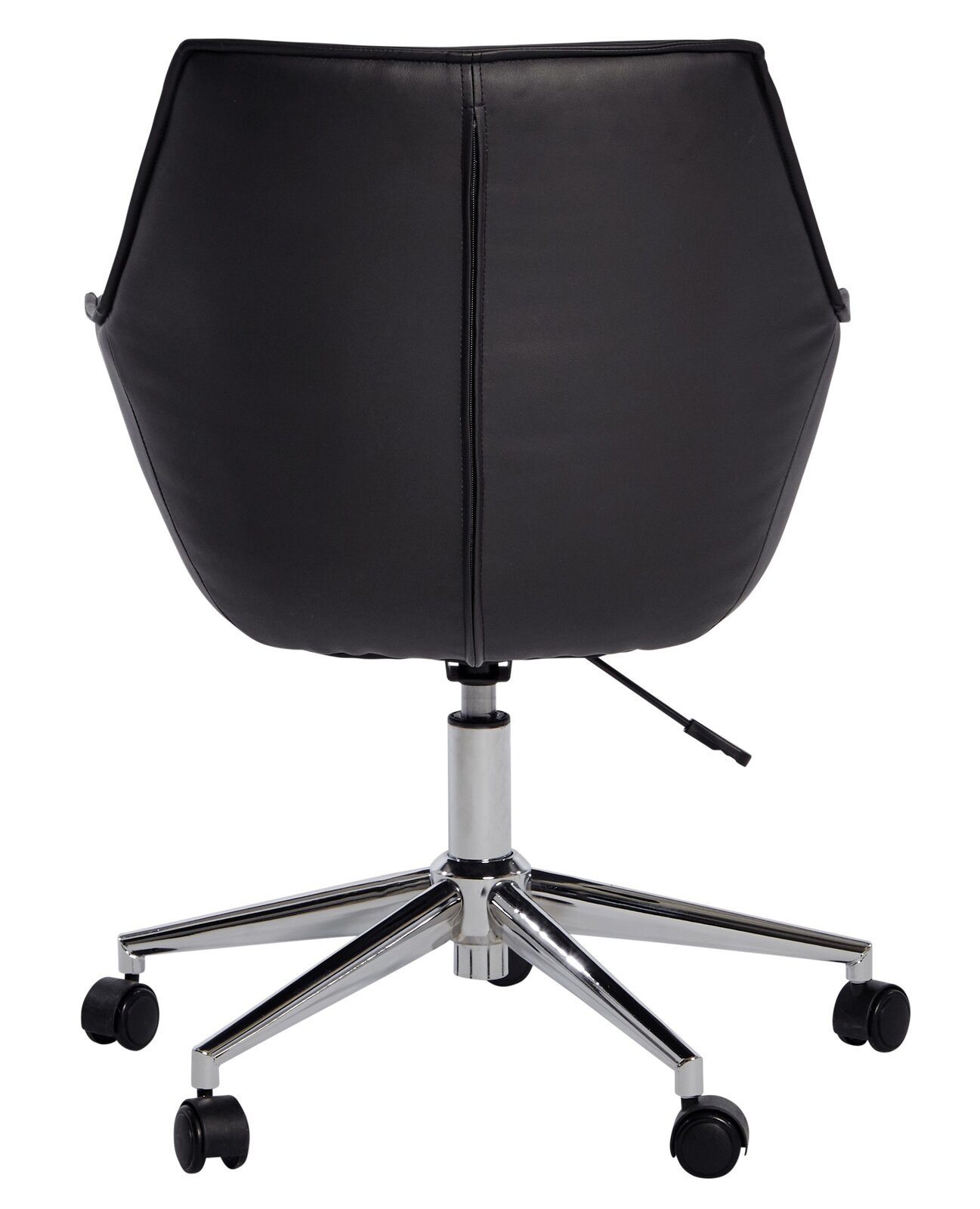 Rückansicht eines schwarzen Bürostuhls mit verchromtem Fußkreuz und Rollen