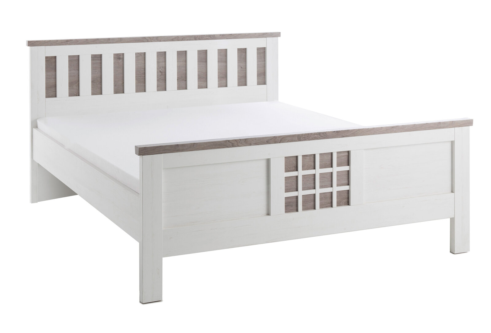 Weißes Holzbett mit grauen Akzenten, seitliche Perspektive