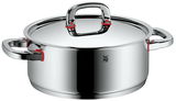 Hochwertiger Edelstahltopf mit Deckel, seitliche Ansicht, glänzende Oberfläche, rote Akzente an den Griffen.